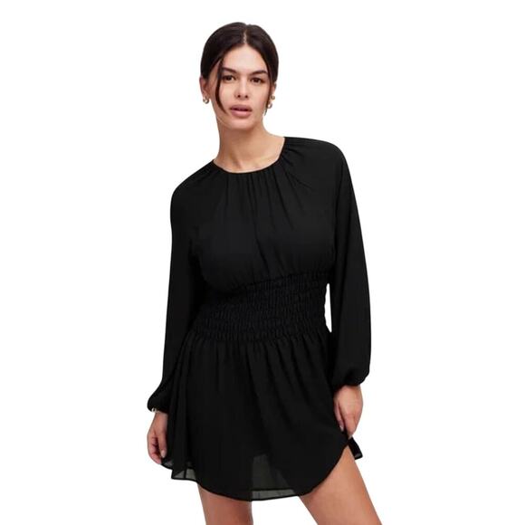 NWT Madewell Black Chiffon Smocked Mini Dress L | Lined Long Sleeve - Picture 1 of 10